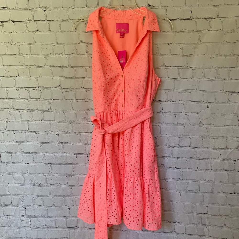 NWT Lilly Pulitzer Trisha Shirtdress Shellona Coral Neon Sunburst Eyelet sz 10